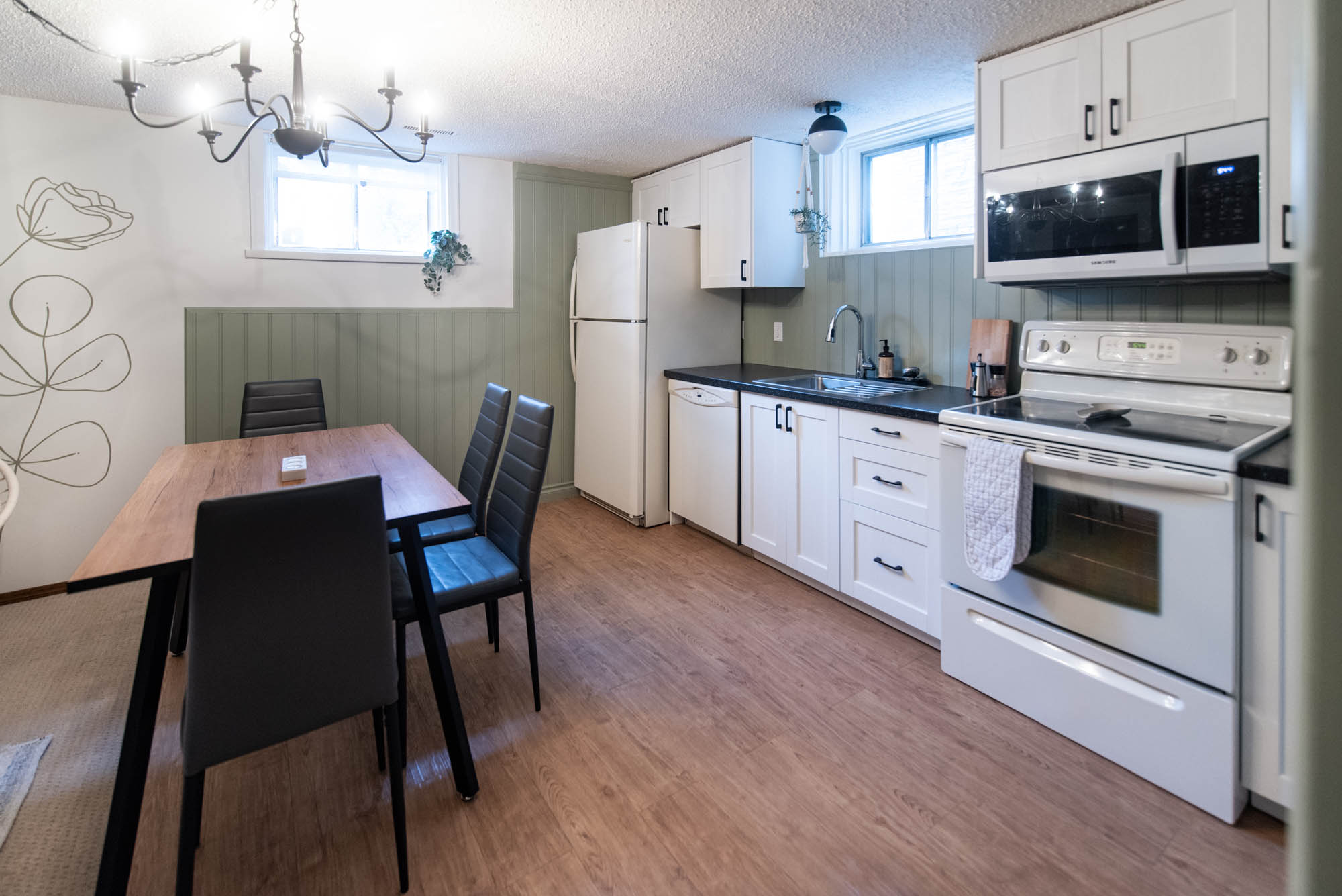 Farmhouse basement suite kitchen with green beadboard as backsplash