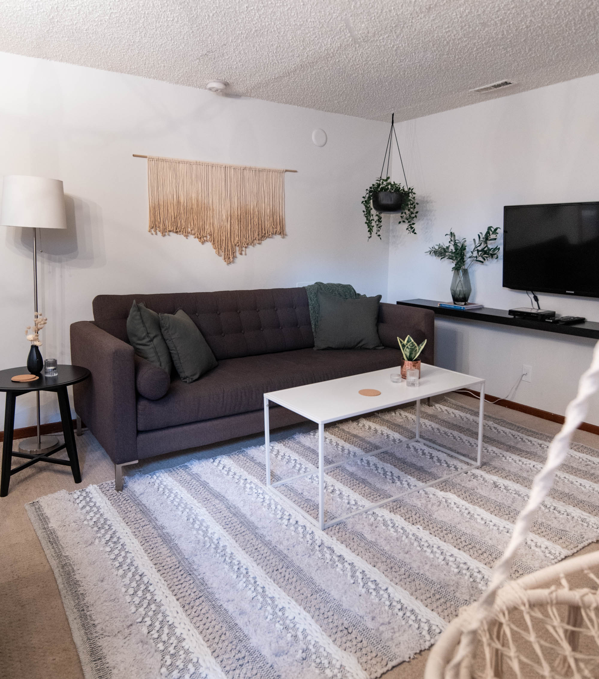 cozy basement suite update with hanging plant and macrame