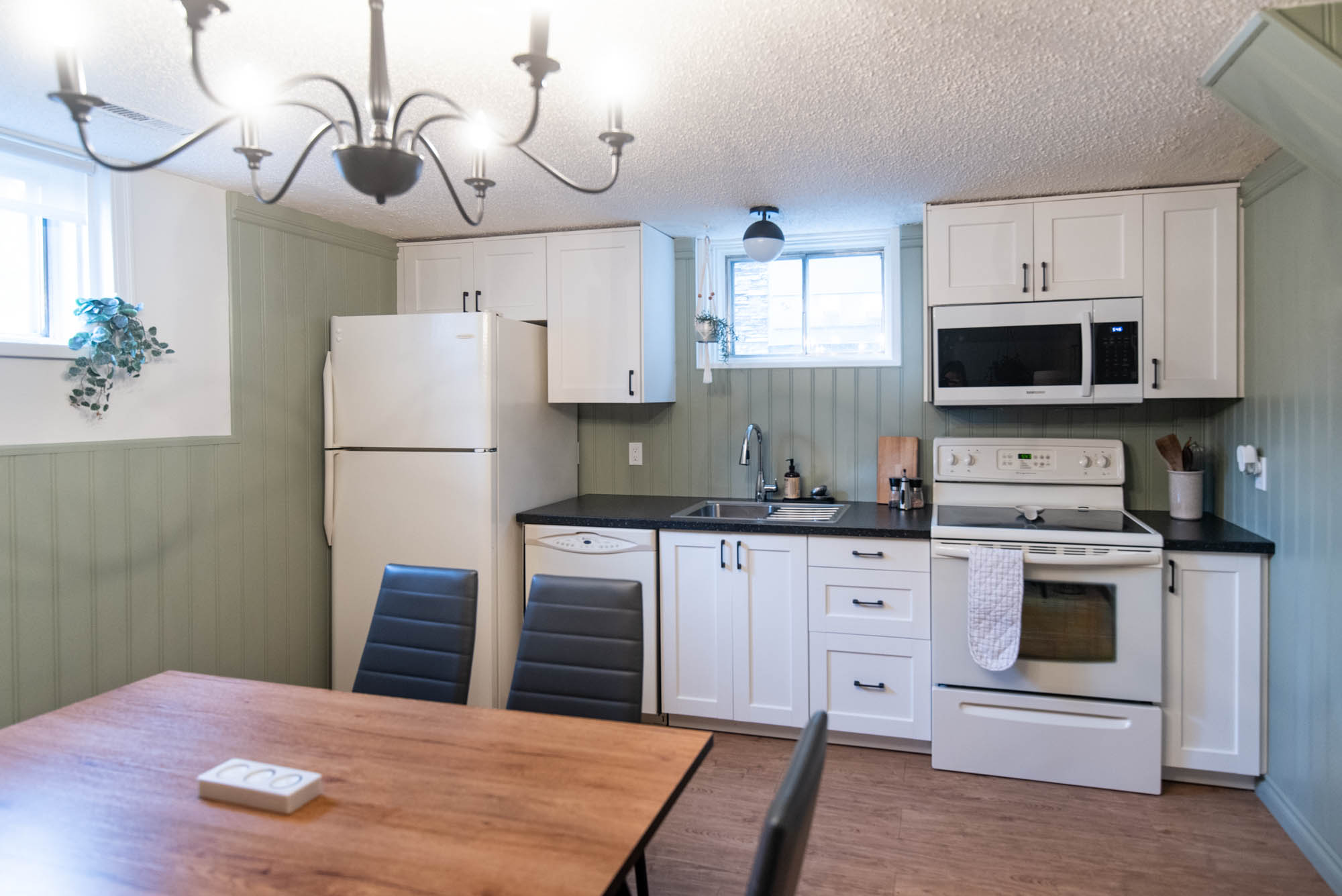 Farmhouse basement suite kitchen- white cabinets, black countertop and green panelled walls