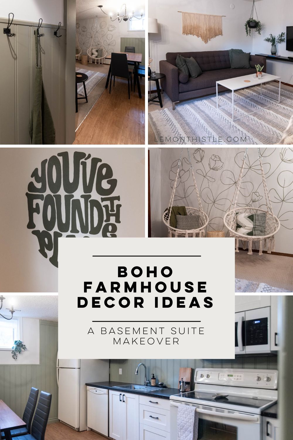 collage of images with text over reads: boho farmhouse decor ideas- a basement suite makeover