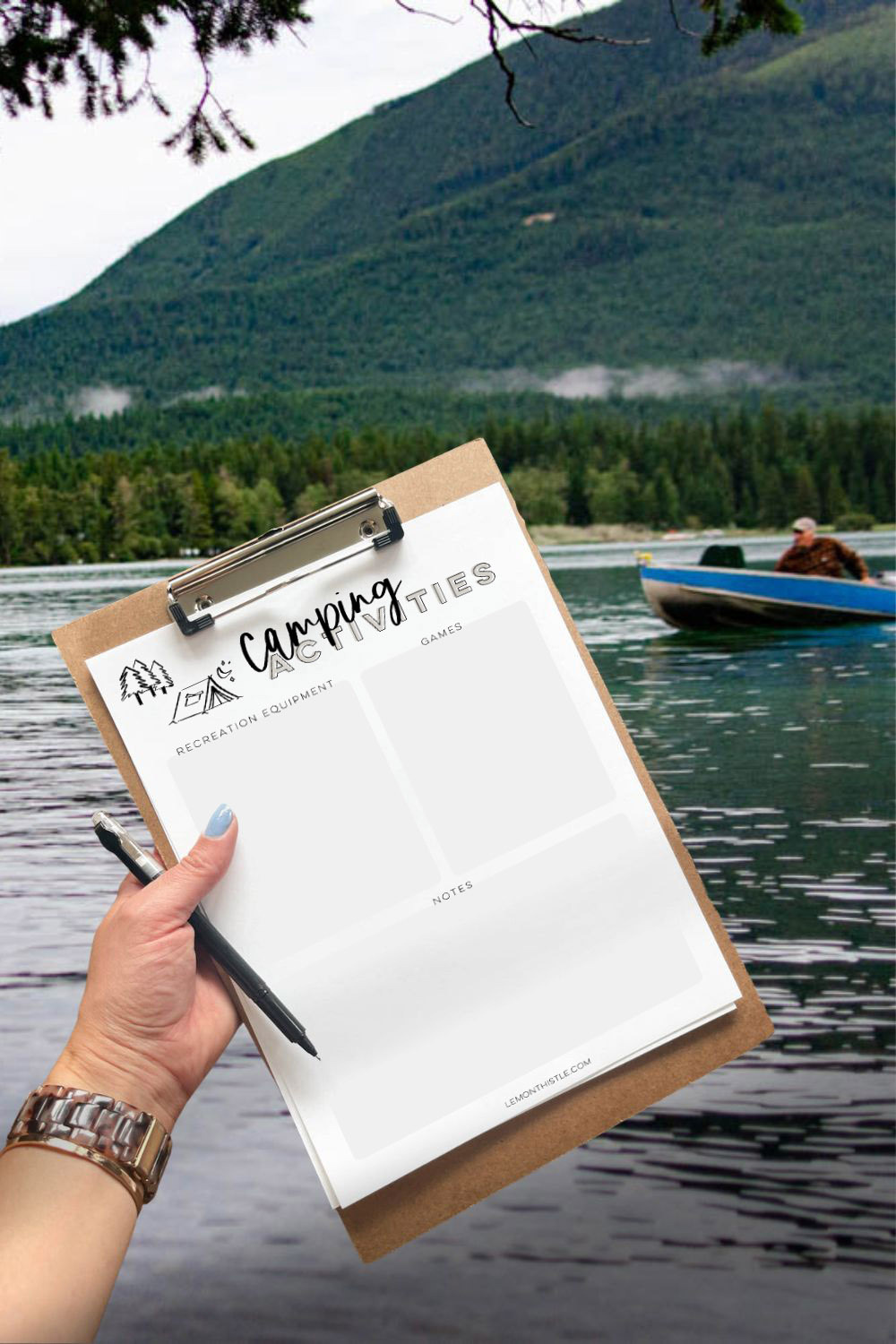 printable camping planner pictured with a checklist to track all of the items you want to bring. The checklist is on a clipboard