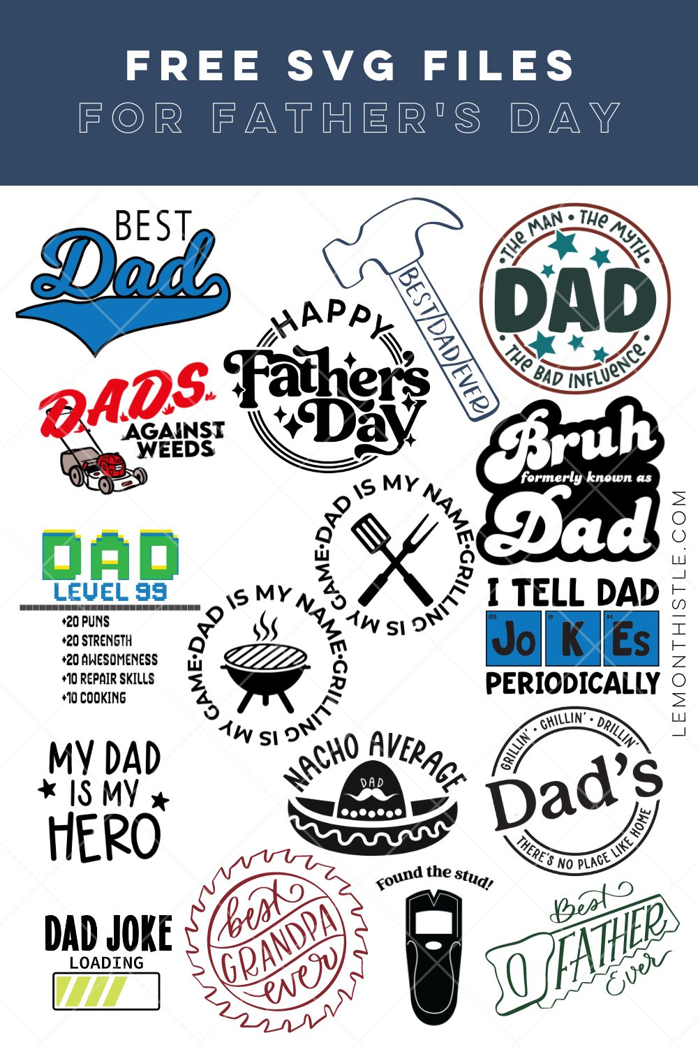 collage of 15 free SVG files for fathers day