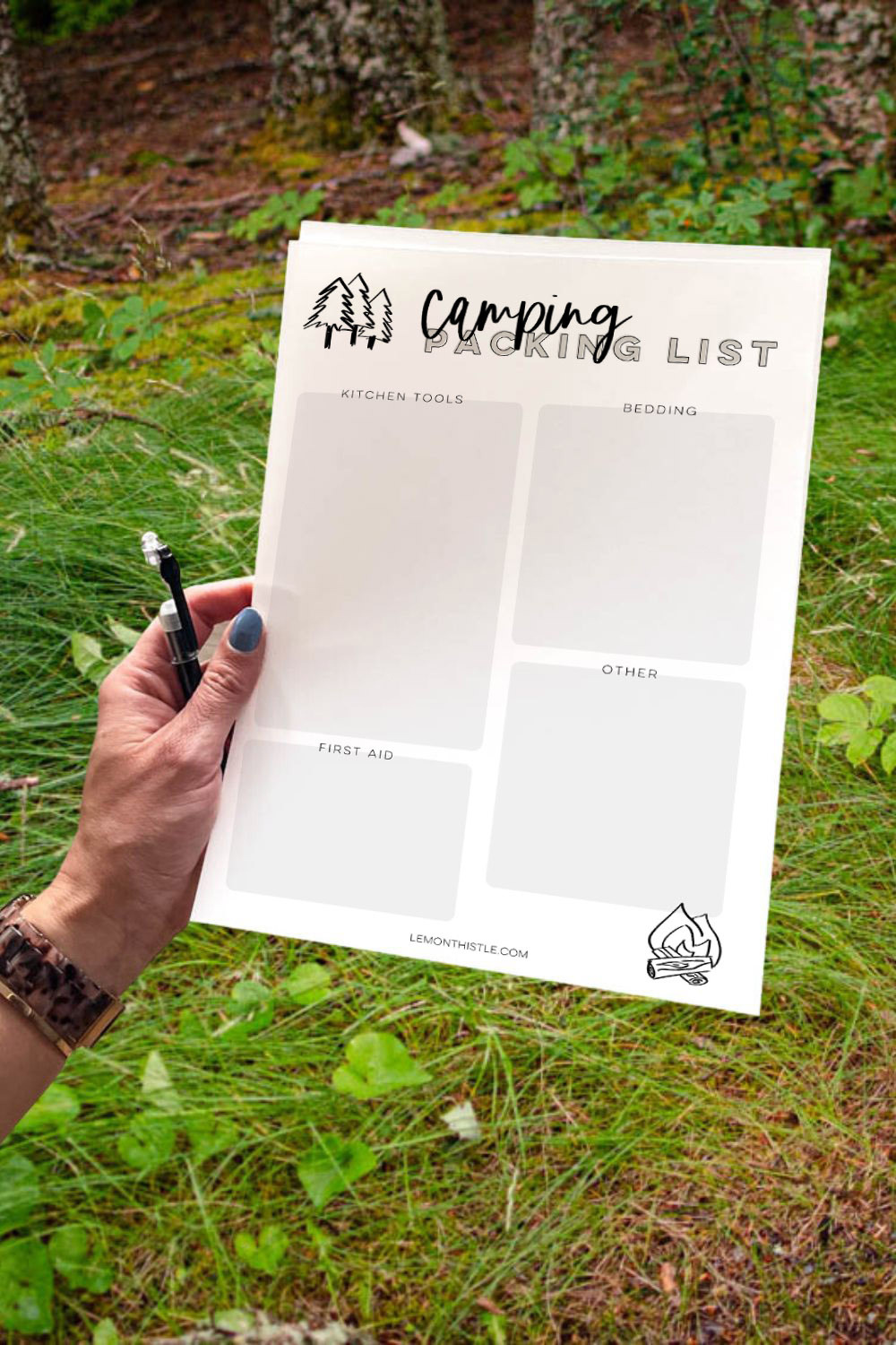 printable camping planner pictured with a checklist to track all of the items you want to bring. 