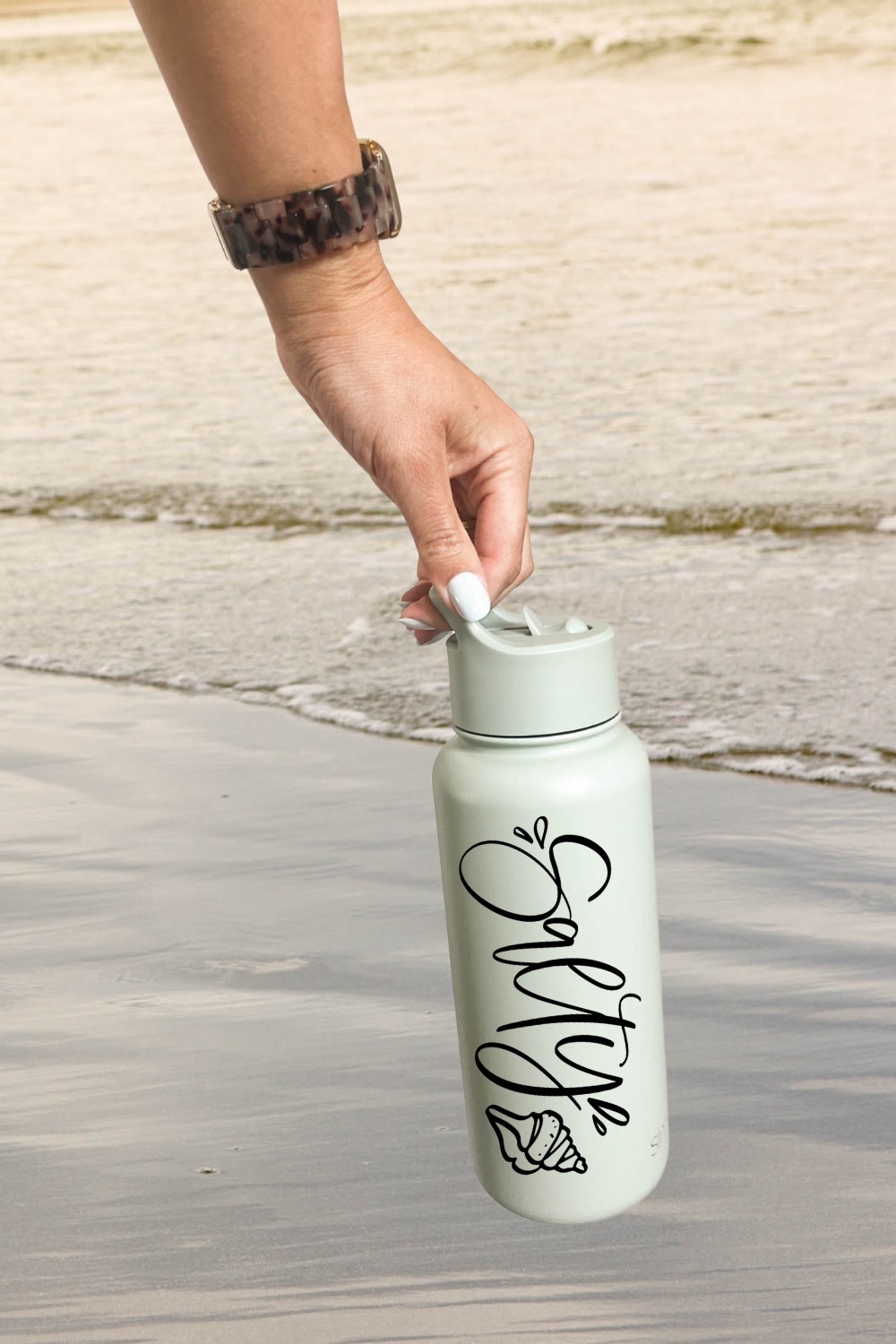 Salty! Hand Lettered SVG File on waterbottle with shell design