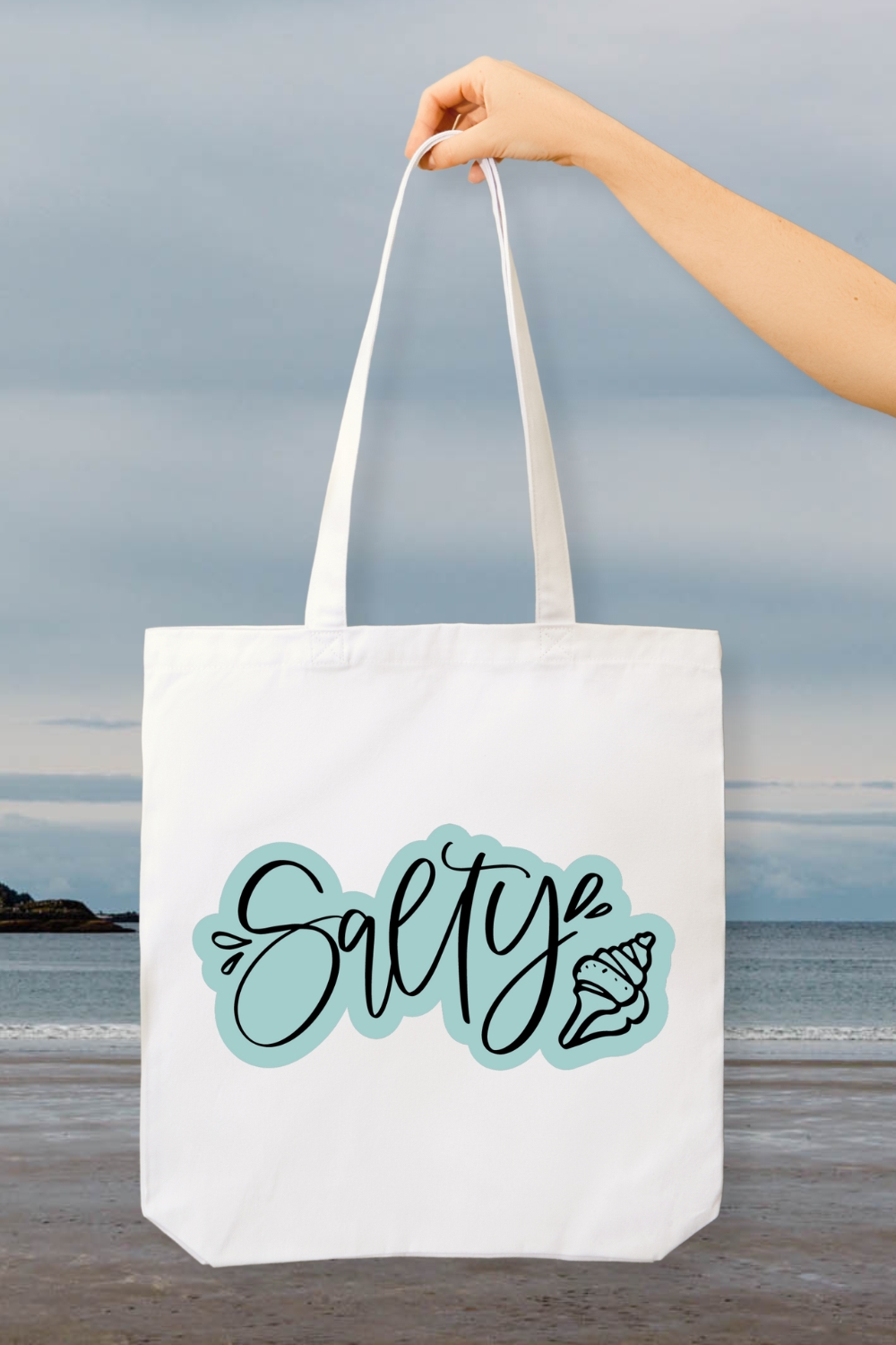 Salty! Hand Lettered SVG File on tote bag with offset background