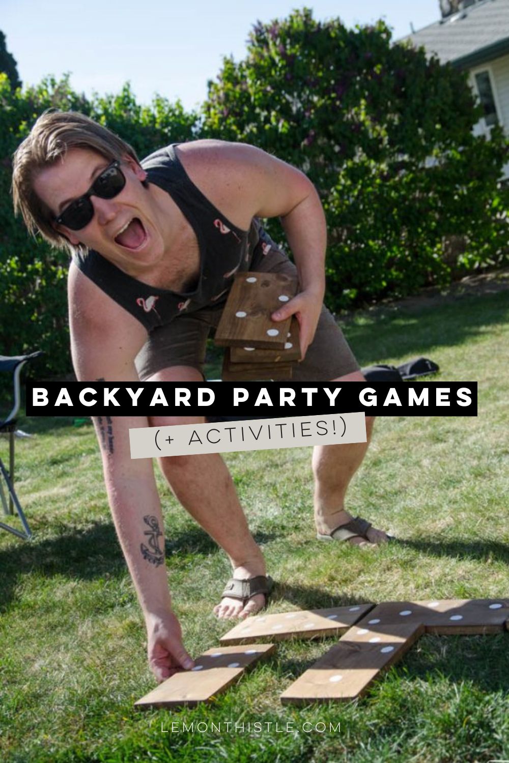 playing backyard giant dominos made of wood, text over reads: backyard party games + activities