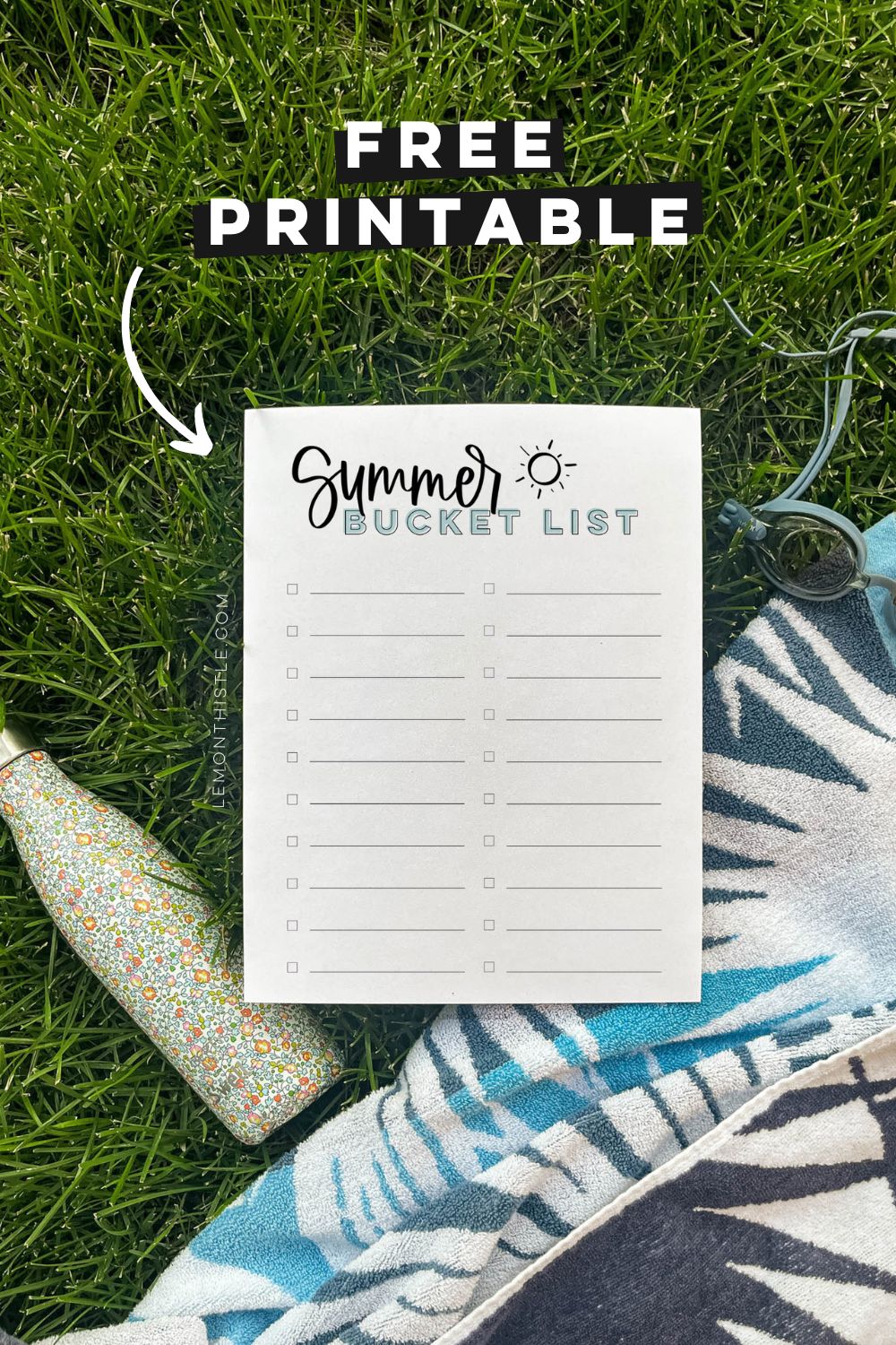 Free printable summer bucket list template printed on grass with towel and water bottle