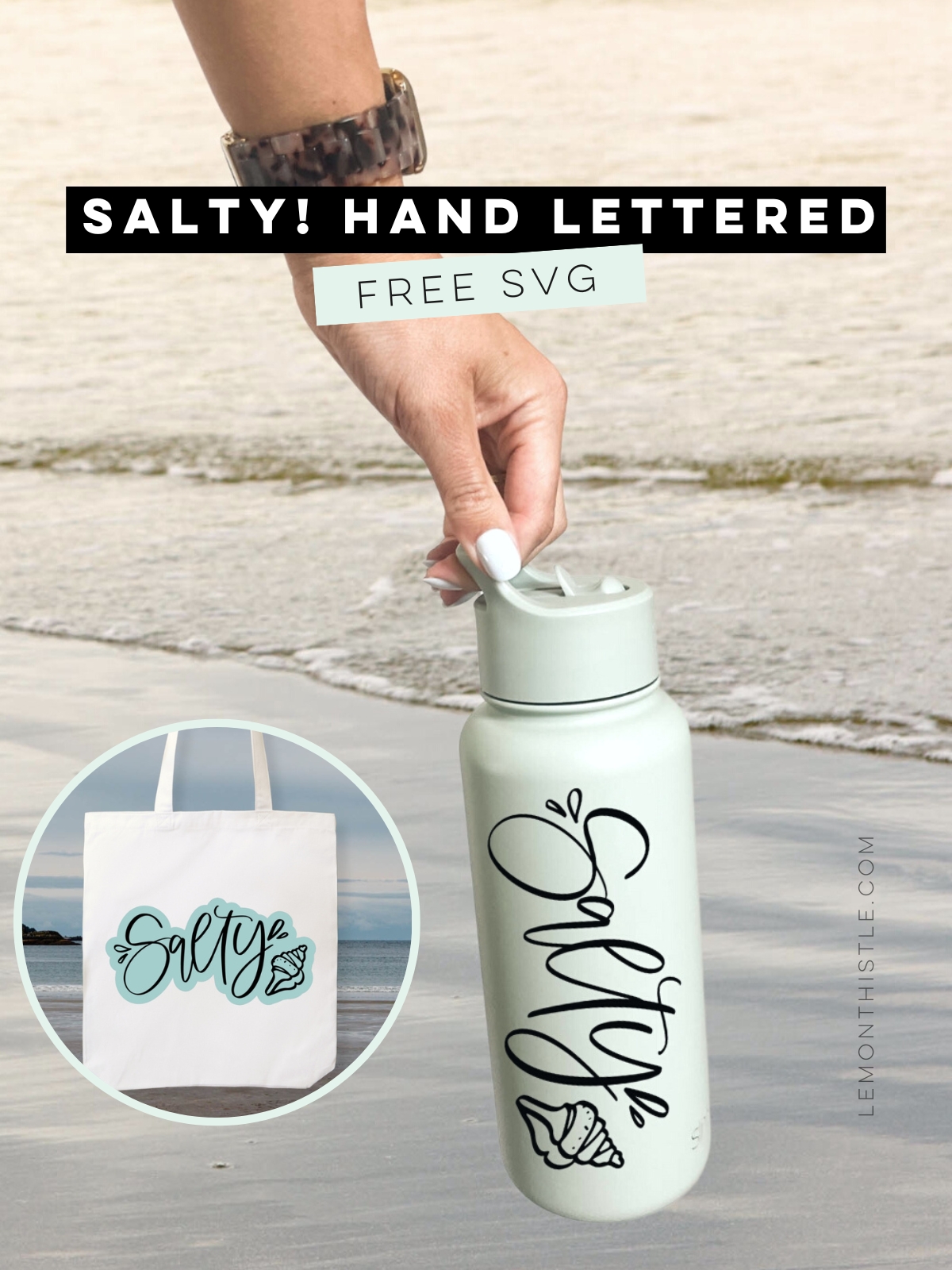 Salty! Hand Lettered SVG File with optional background layer. shown on waterbottle and on tote bag