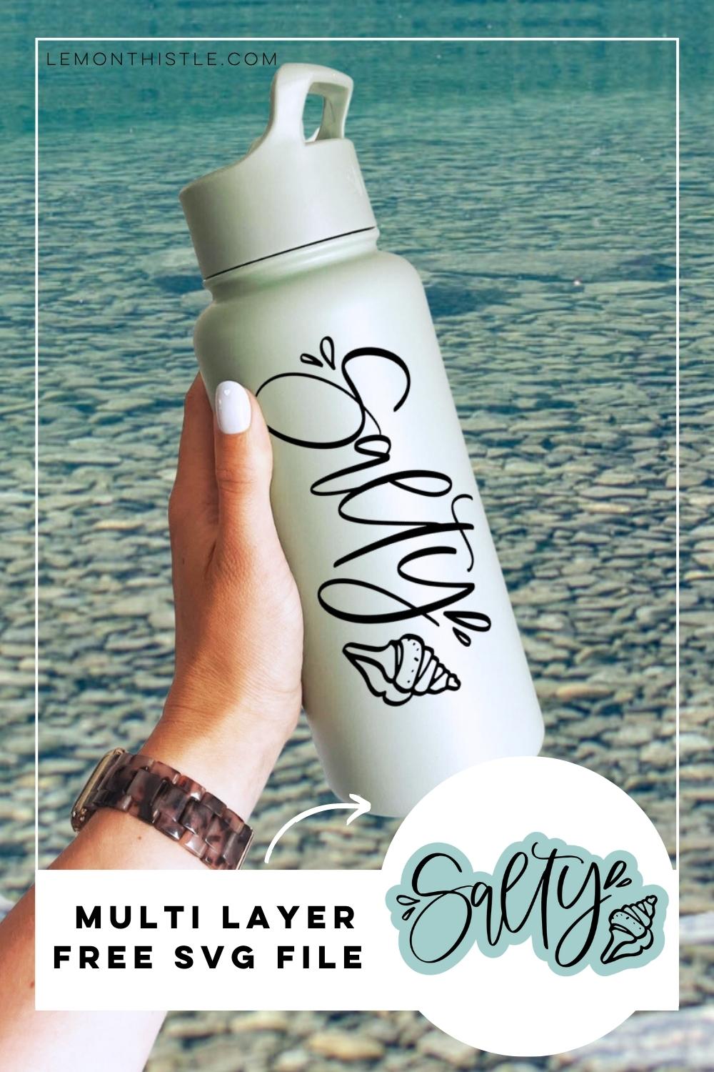 Salty! Hand Lettered SVG File with optional background layer. shown on waterbottle and on tote bag