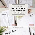 5 Free printable 2024 calendars text over image of printed calendars on countertop with mini daisies