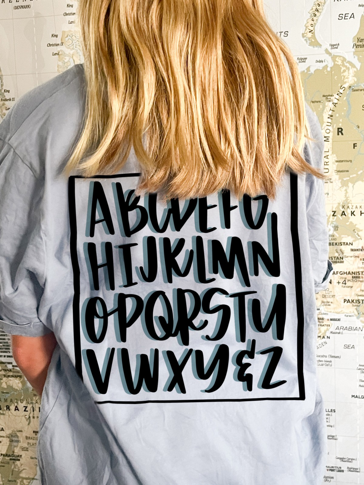 hand lettered alphabet with shadow free SVG used on the back of a DIY shirt for back to school