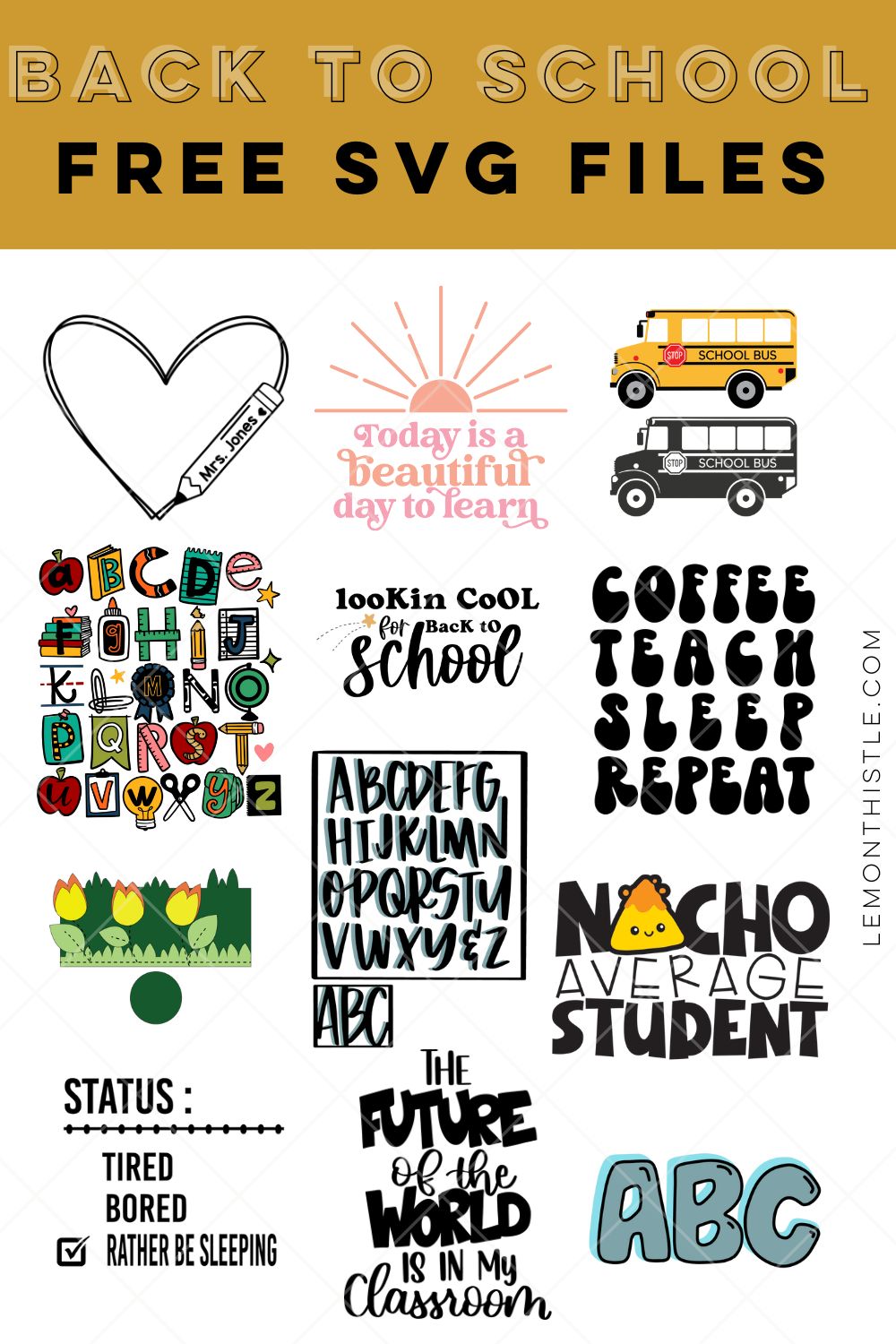 Free SVG files for back to school theme (collage of all designs)