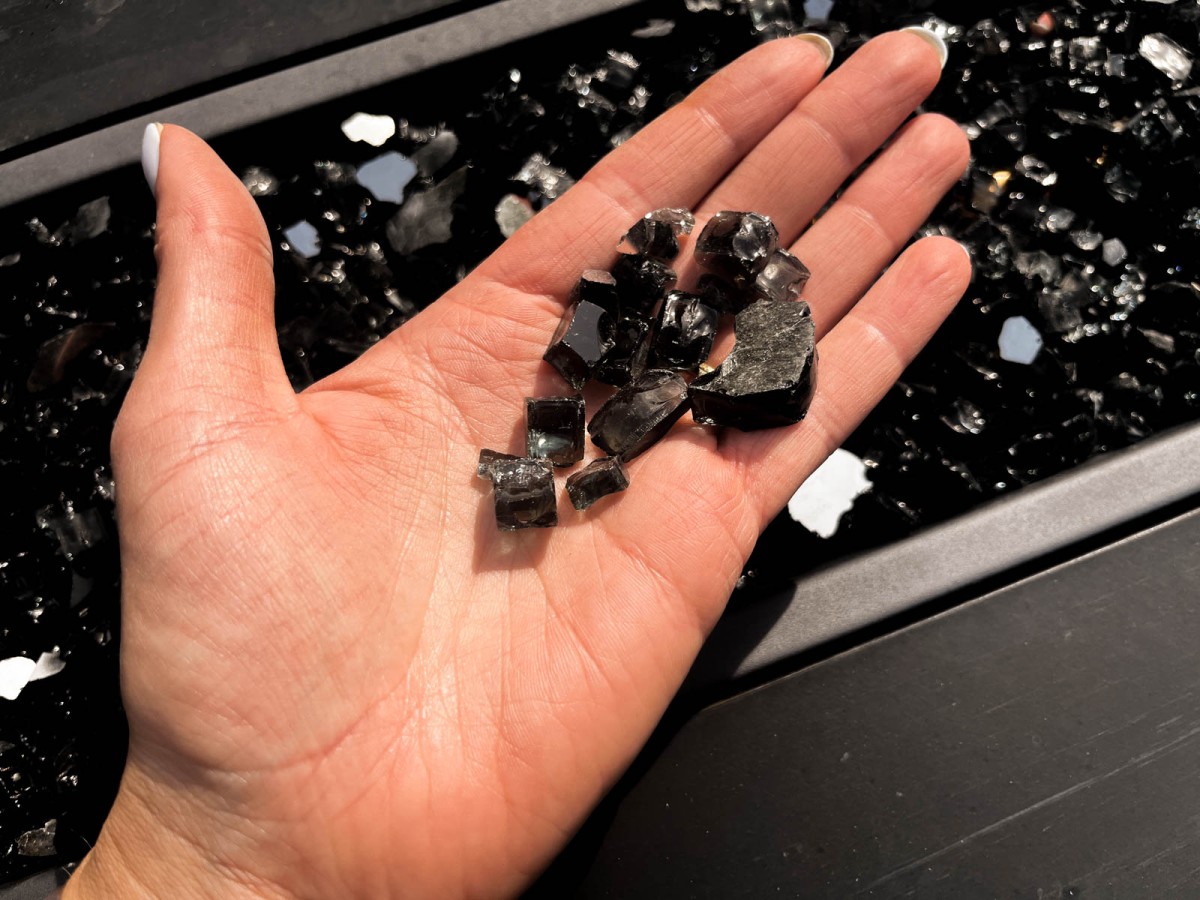reflective black fire glass review (glass in hand for size reference)