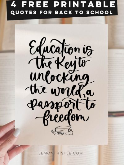 Education is the key to unlocking the world, a passport to freedom. Free printable quote held over books