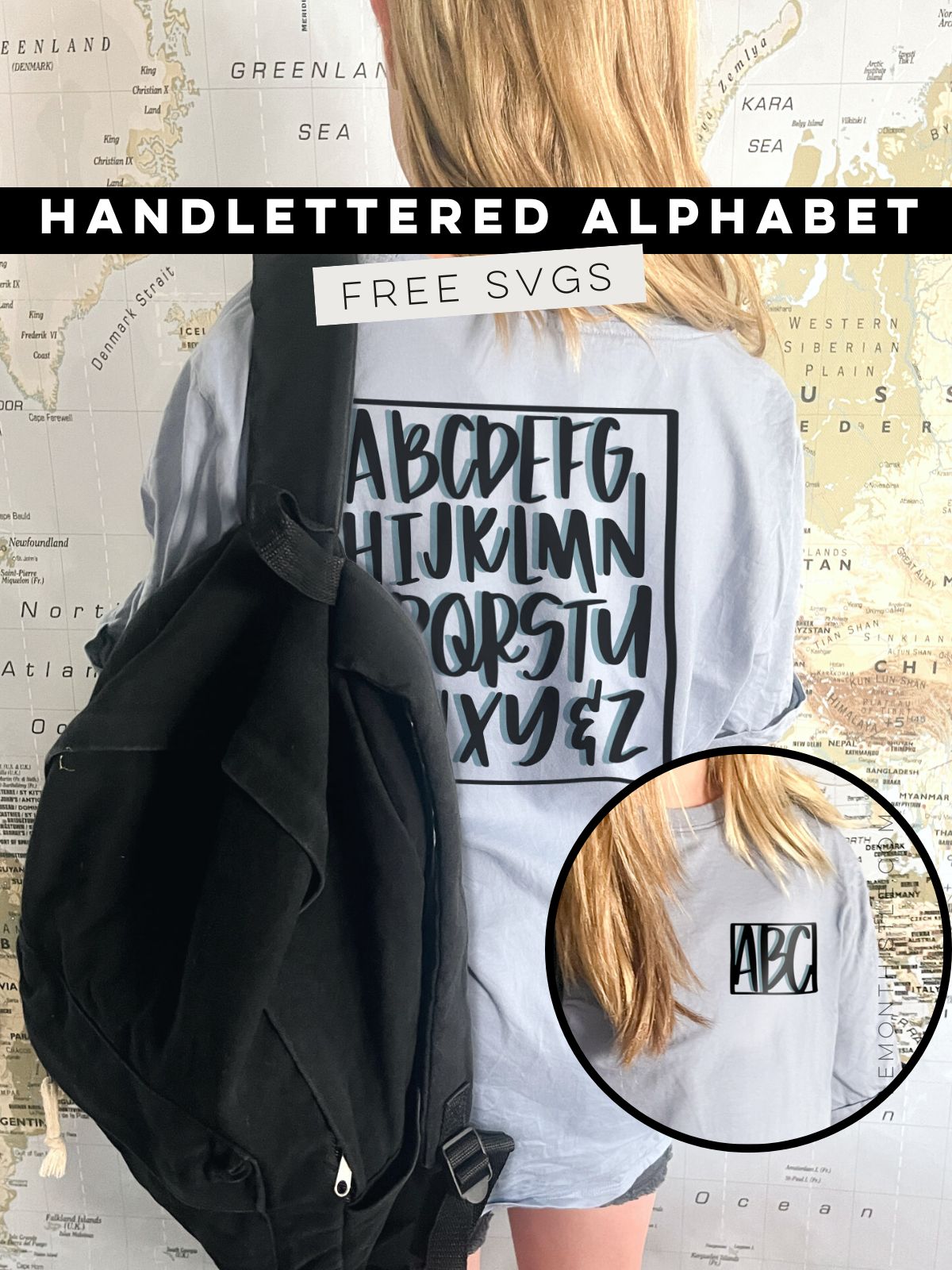 Free alphabet SVG file for DIY tee shirts pin image with text over and layered images (one of front of shirt with ABC, one of back of shirt with full hand lettered alphabet design)