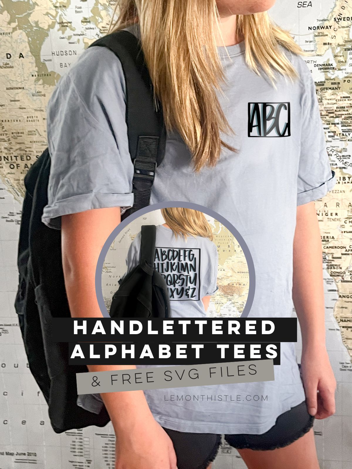 Hand lettered alphabet tees (& the free SVG Files) text over images of finished tees- black iron on vinyl alphabet over teal vinyl shadow on light blue tees