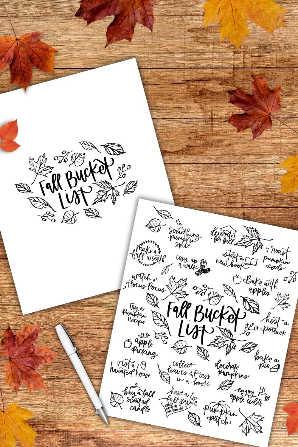 Fall Free Printable Bucket List- image shows both the empty template printed off and the printable bucket list full of activity ideas