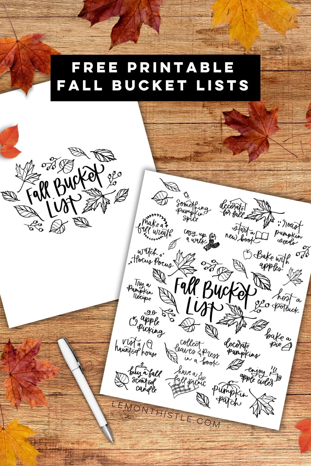 Free Printable Fall bucket lists with ideas - printed version ready to be filled in and one full of fall activity ideas