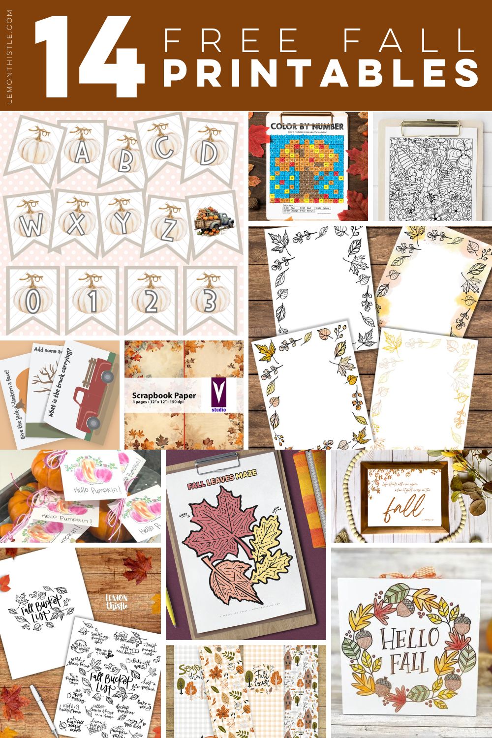 14 free printables for fall- collage of all printables with title text