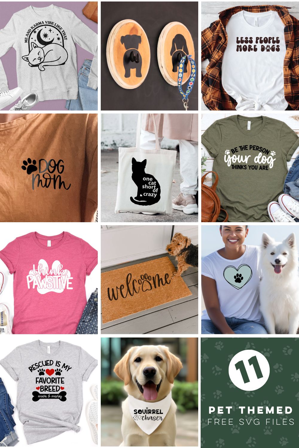 11 Free SVG files with a pet theme, collage of all projects made with the free SVGs