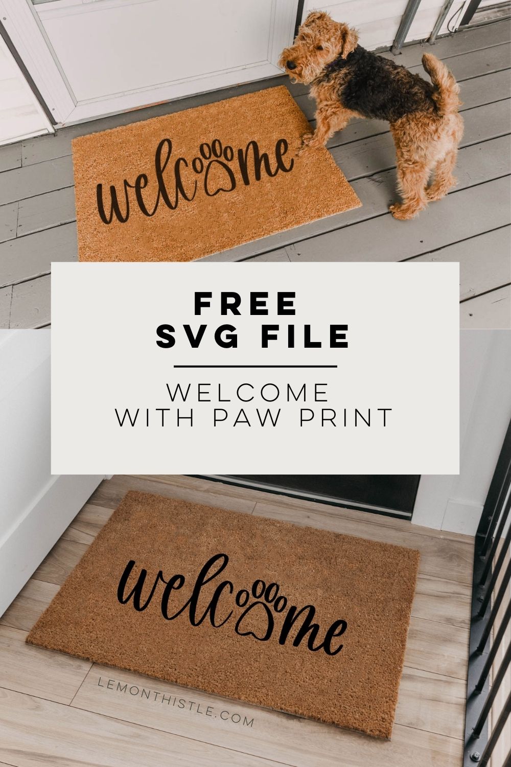 Text reads: Free SVG file- welcome with paw print. images of coir door mat with black welcome painted on (free SVG design used!)