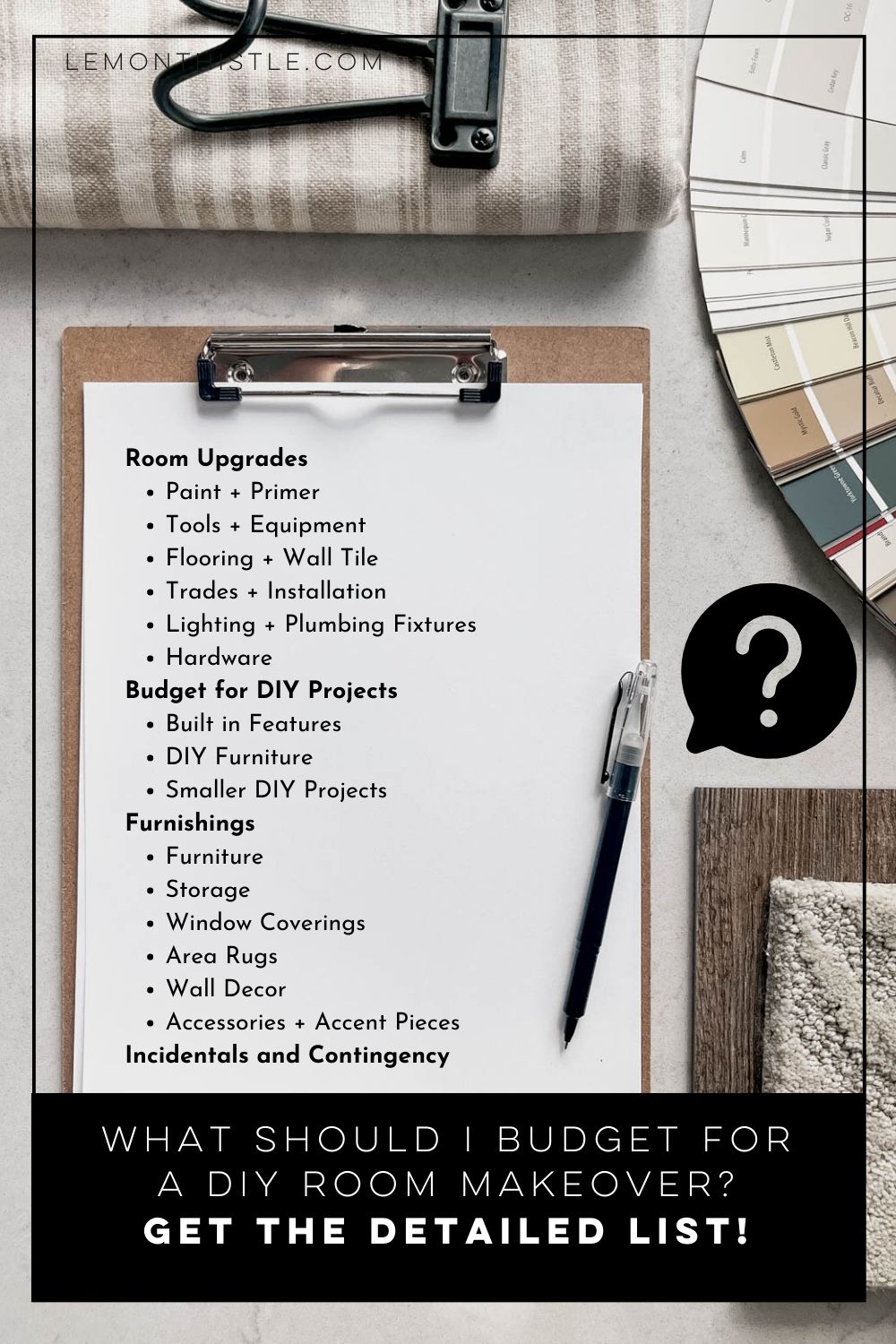 list of items to include in a diy room makeover with question mark graphic and text overlay