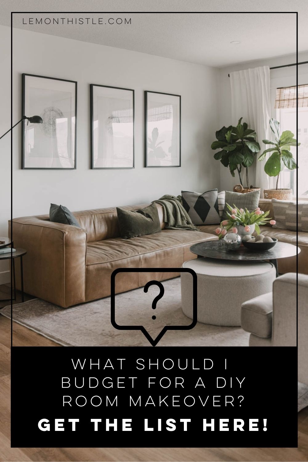 image of a living room with question mark graphic, text reads: what should i budget for a diy room makeover? get the list