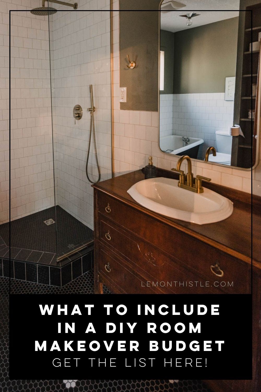 image of renovated bathroom, text over reads what to include in a diy room makeover budget- get the list