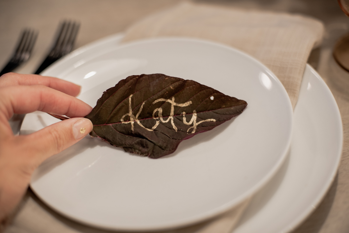 Hand lettered leaf place card