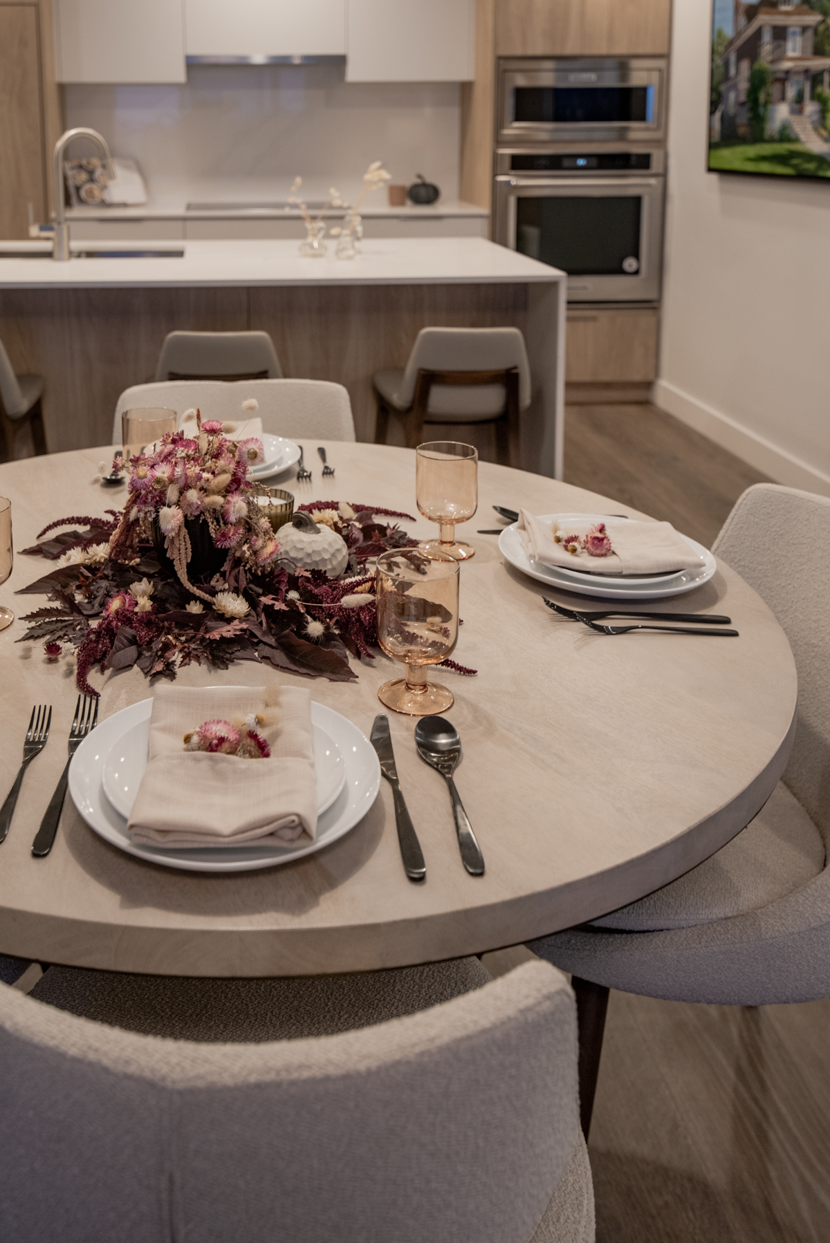 Fall Table Setting with dried straw flowers