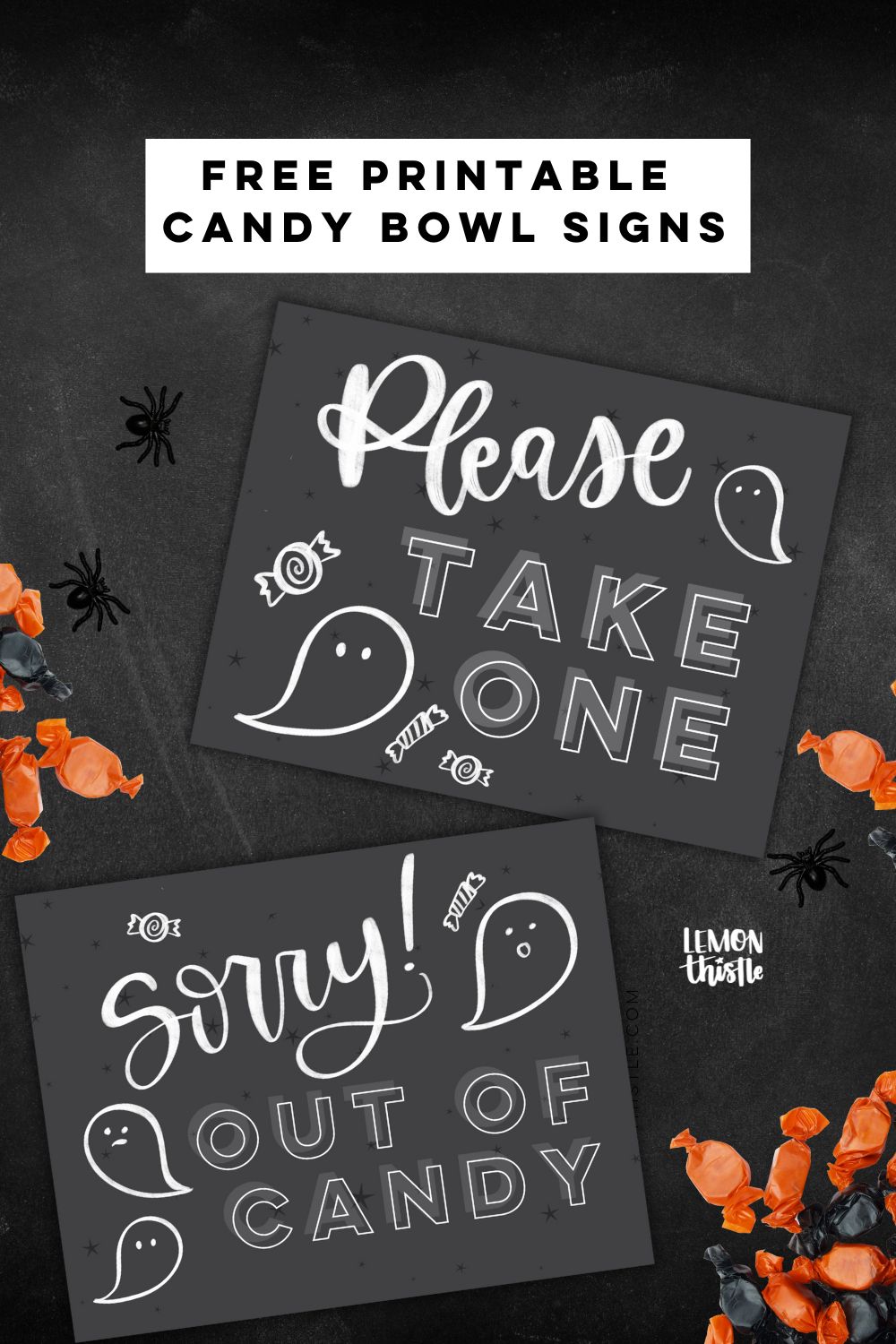Free printable halloween candy signs, image of signs on a countertop with halloween candy. signs read: please take one and sorry out of candy