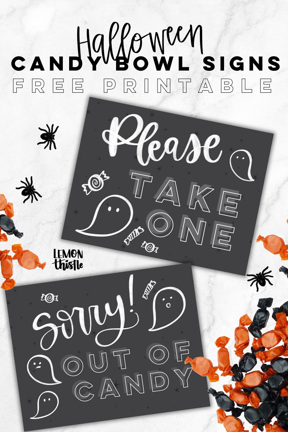 Free printable halloween candy signs, image of signs on a countertop with halloween candy. signs read: please take one and sorry out of candy