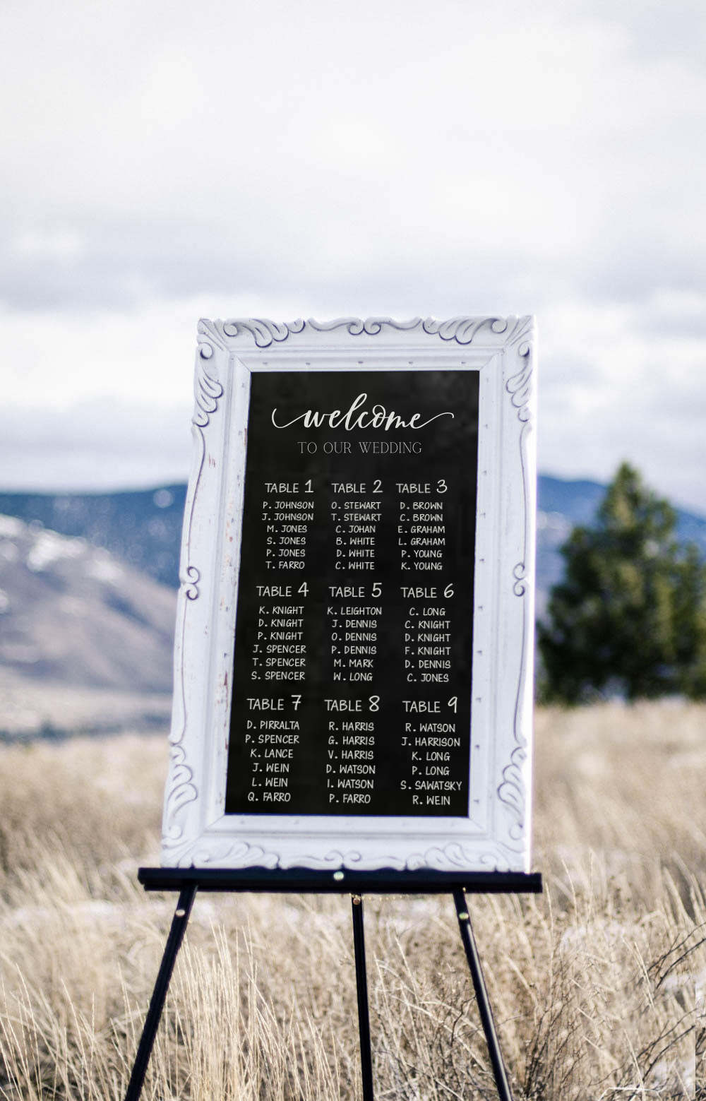 Welcome to our wedding at top of a seating arrangement on chalkboard. The welcome to our wedding design is a free SVG file