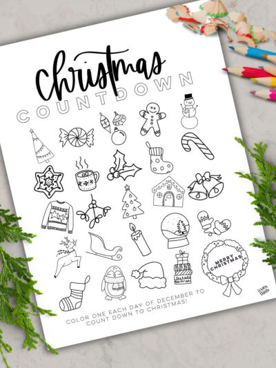 free printable countdown to christmas with illustrations to color each day