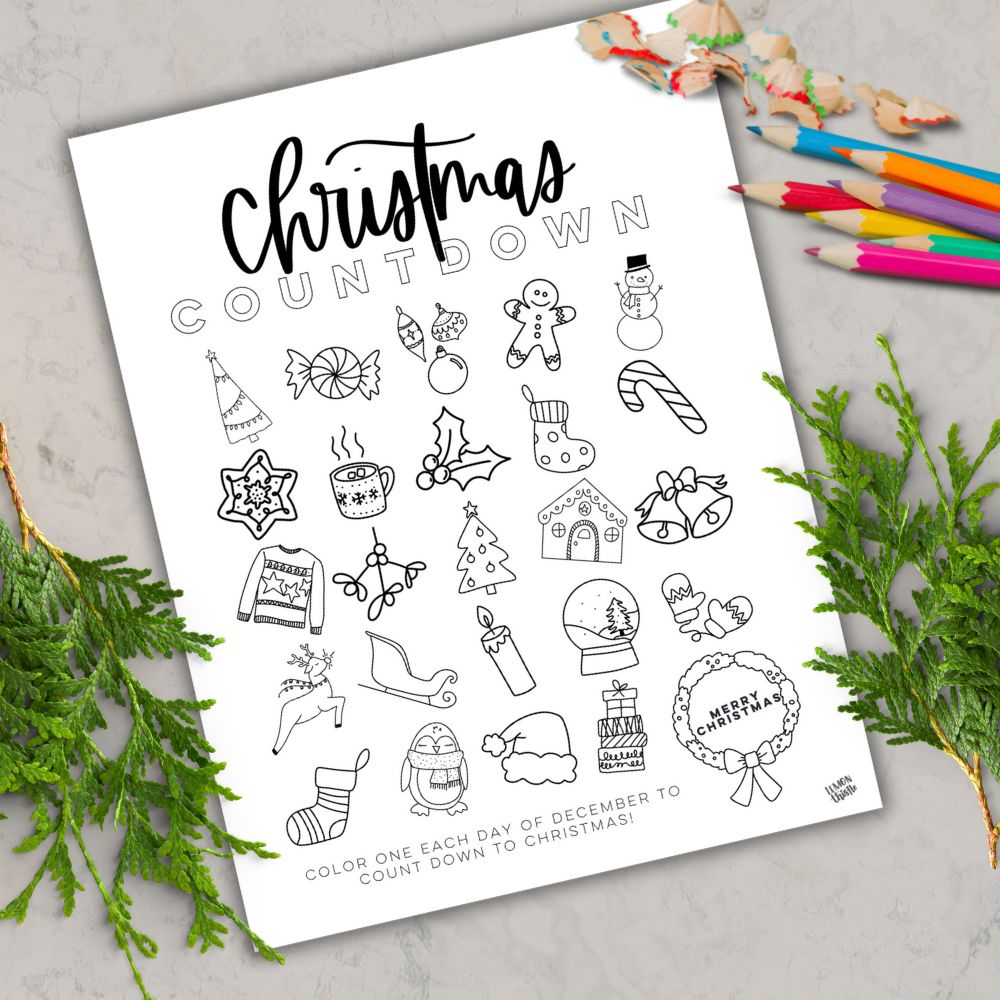free printable countdown to christmas with illustrations to color each day
