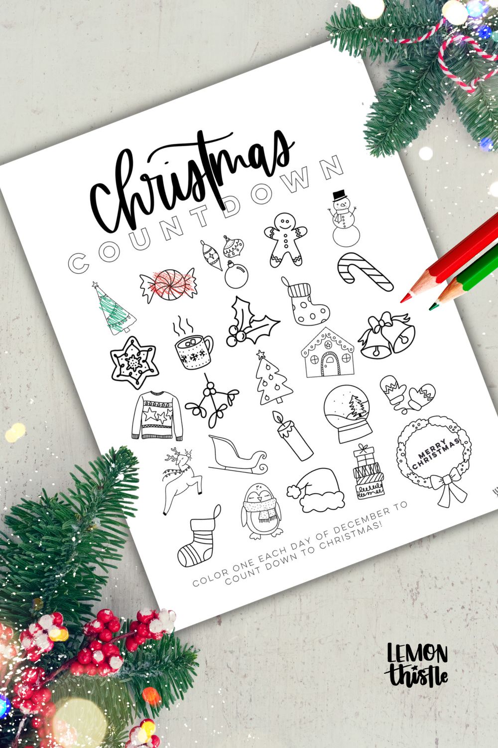 coloring christmas countdown printable- printable has 'christmas countdown' at top of page with holiday doodles ready to be coloured each day until christmas