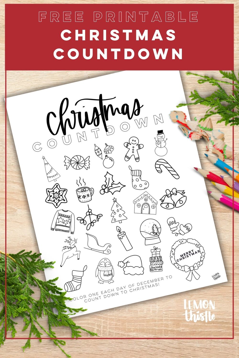 Free printable countdown to christmas with illustrations to color in each day