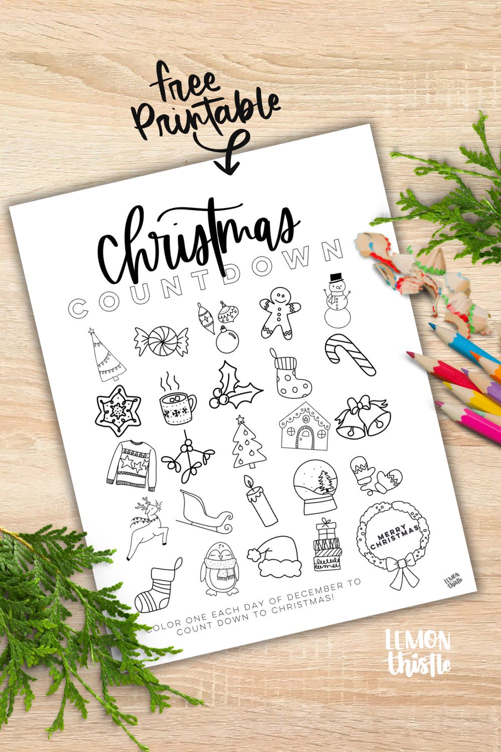 free printable christmas countdown which has holiday doodles for each day, you color it in as you go!