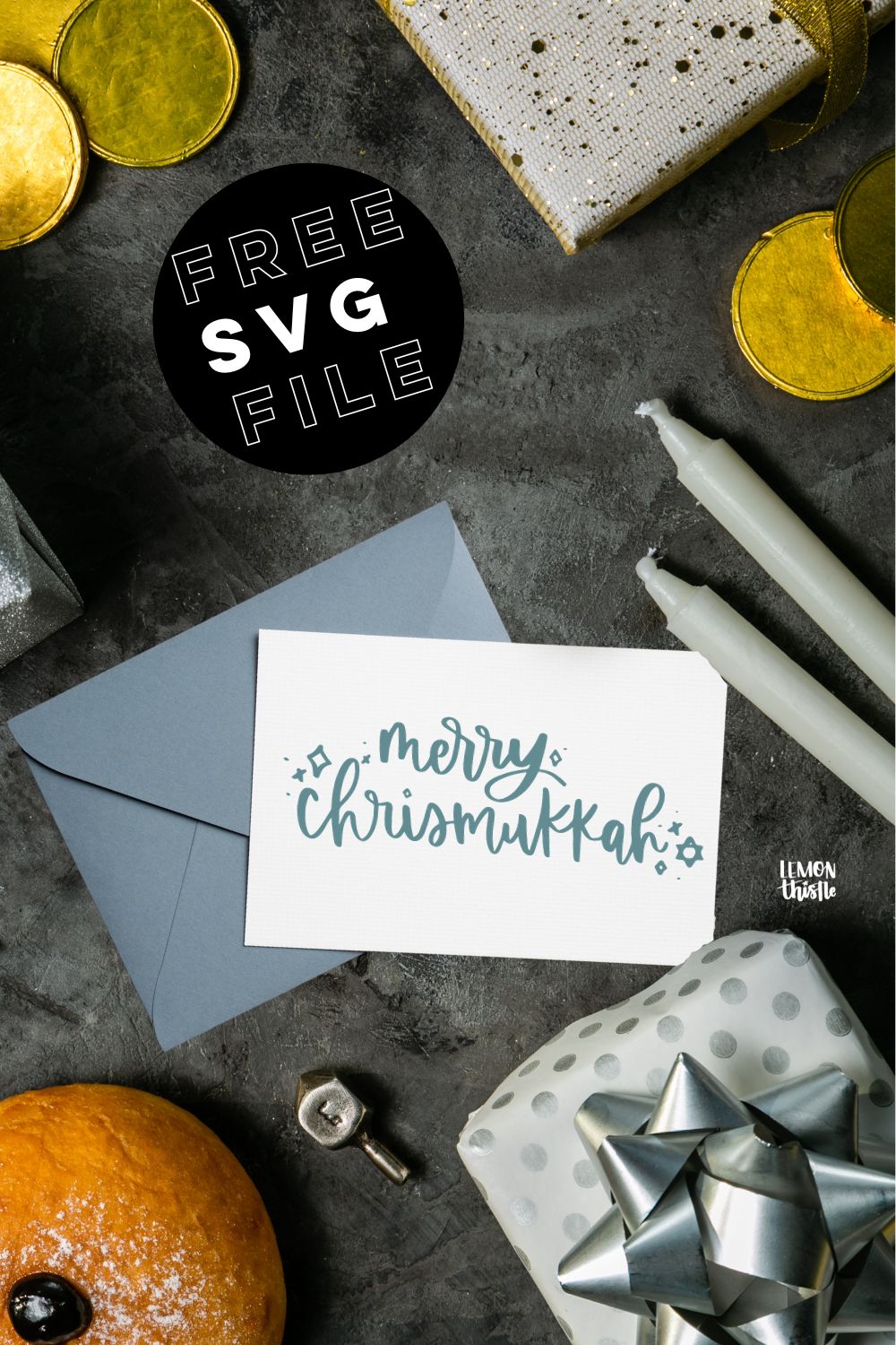 Merry Chrismukkah cards made with a free downloadable SVG file