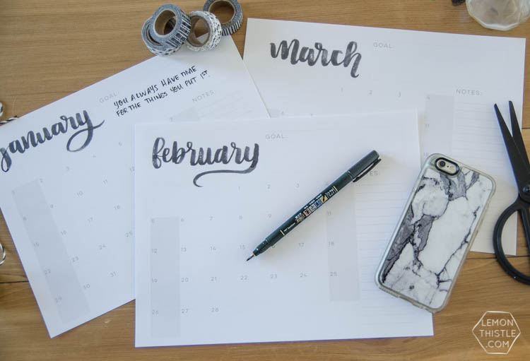 Free printables for planning your life- image of three calendars with phone and pen