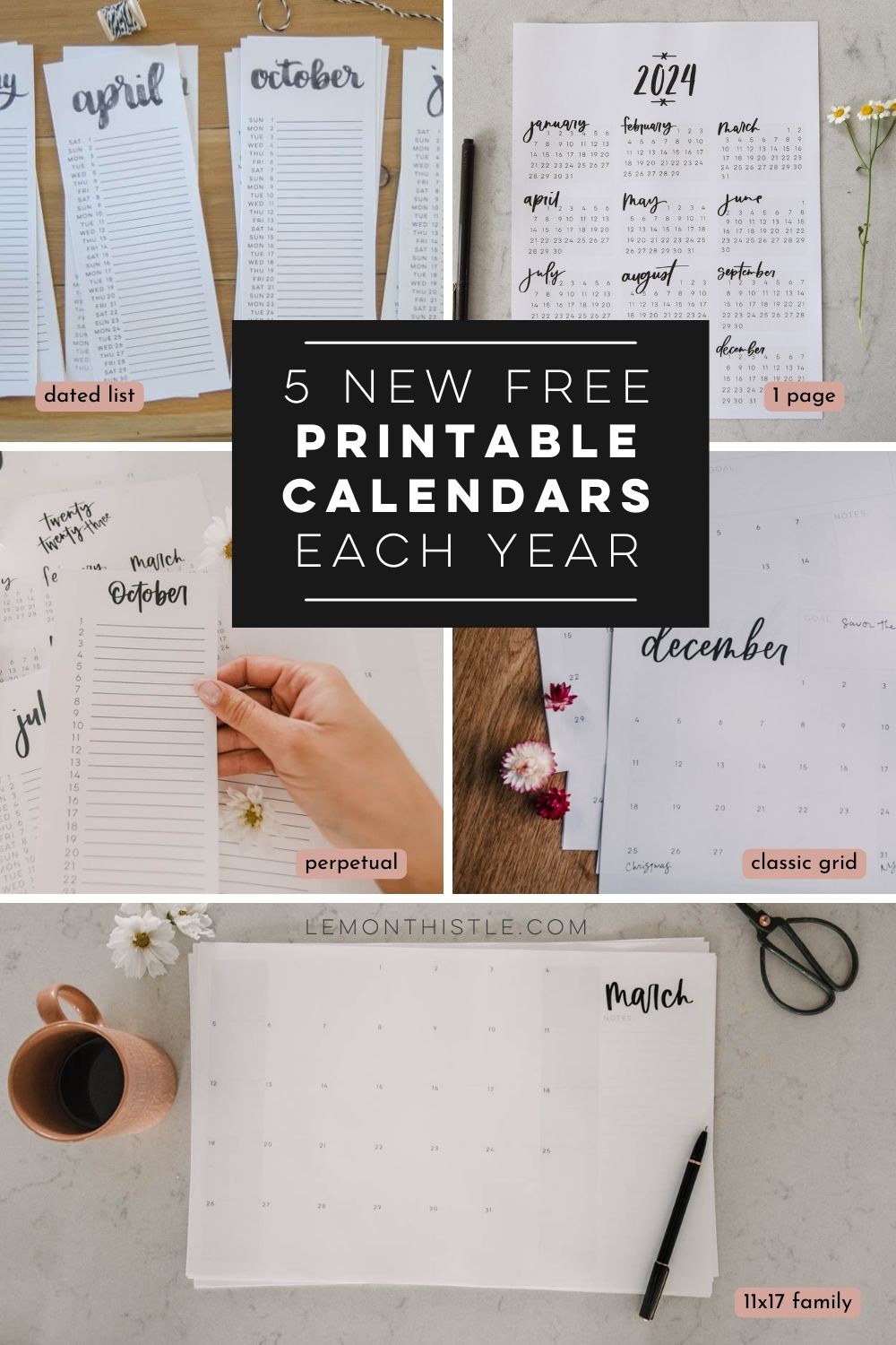 collage of all 5 styles, text reads: 5 new free printable calendars each year