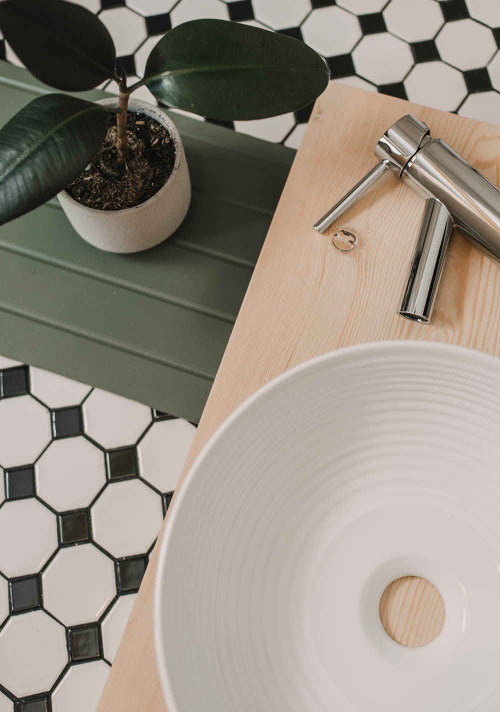 diy bathroom makeover design board- green beadboard, wood vanity, black tile