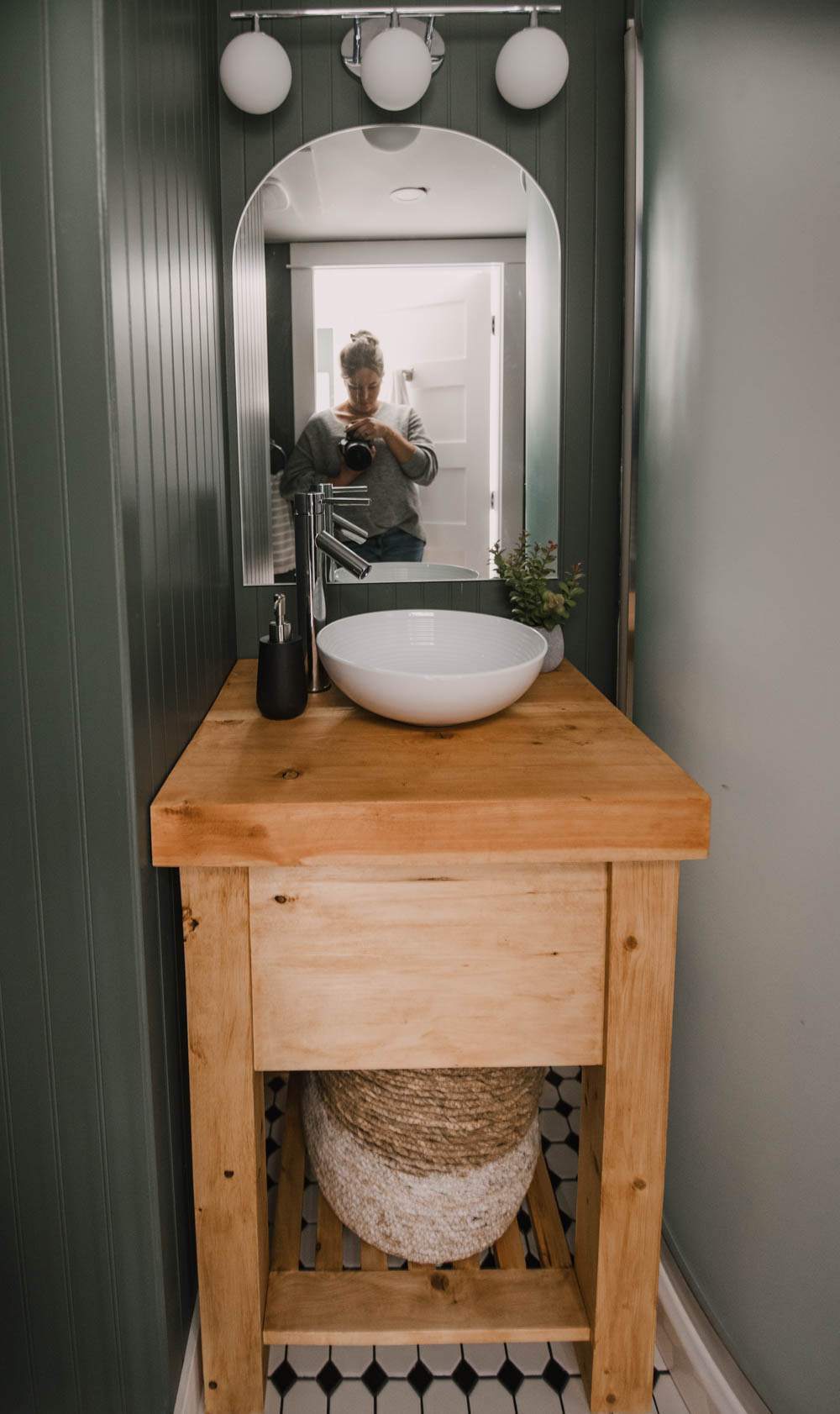 Budget bathroom remodel with DIY wood vanity and beadboard walls