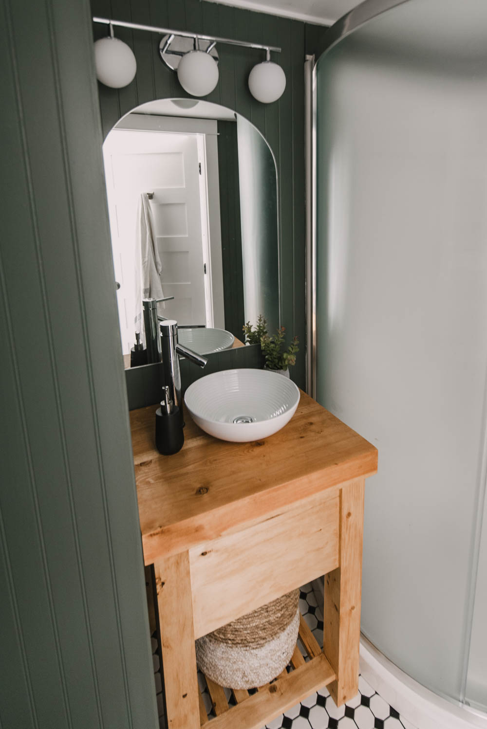 rustic wood vanity in small bathroom makeover