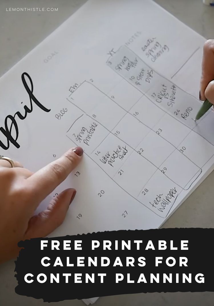Free printable calendars for content planning, text over image of calendar being used as a content planner.