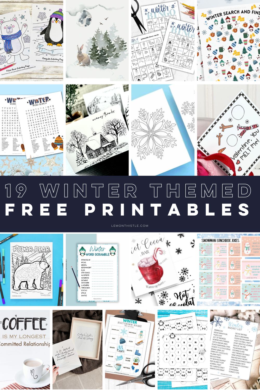 Text over reads 19 winter themed free printables with collage of all printables printed and photographed