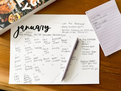 how to use free printable calendars for meal planning, photo showing calendar full of meal ideas