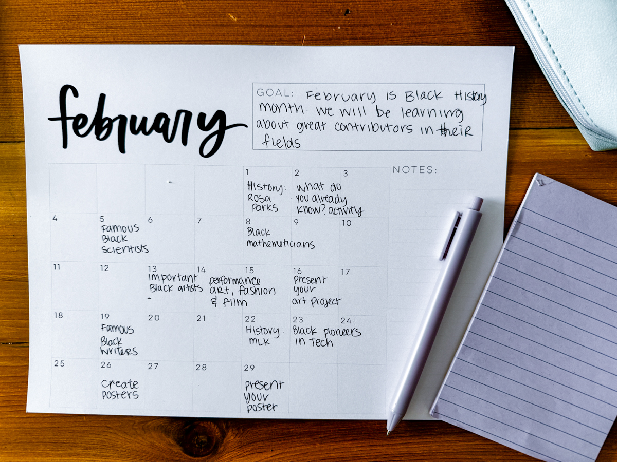 simple minimalist teacher calendar for black history month