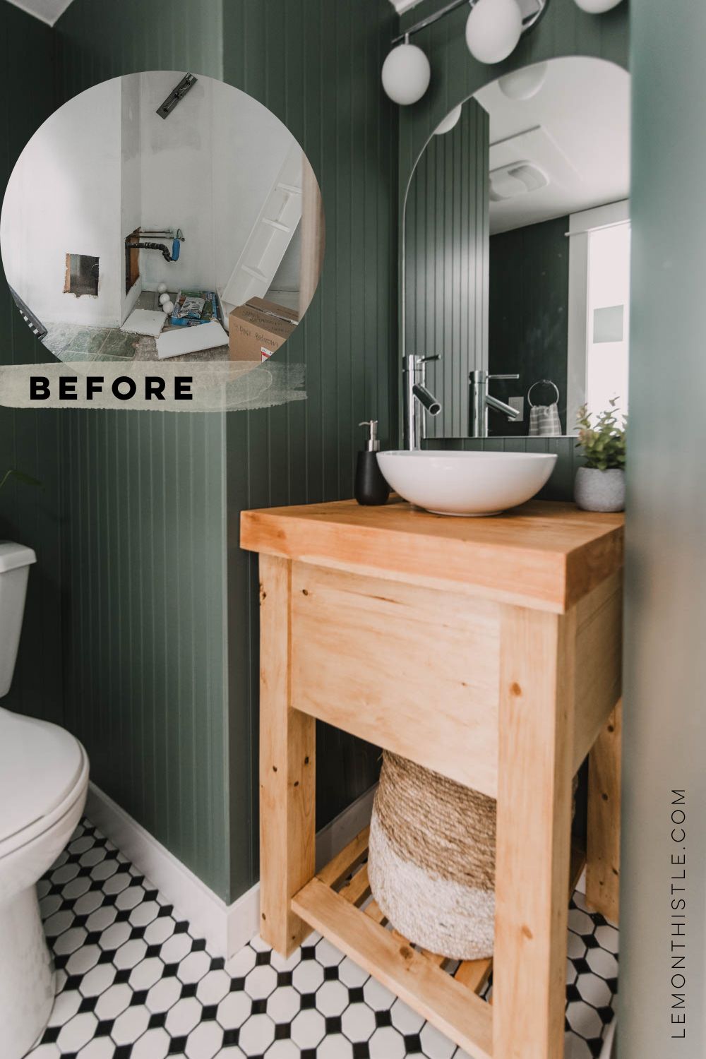 image of dark green bathroom with wood vanity, vessel sink and black and white flooring, image overlay of before of bathroom