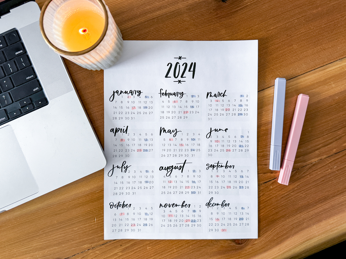 year at a glance calendar with every other friday highlighted for payday payroll tracking